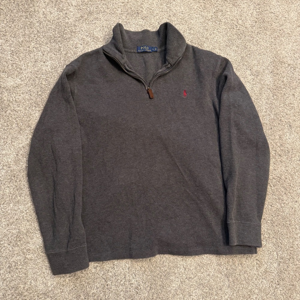 Polo Ralph Lauren Mens Large Charcoal Gray Quarter Zip Cotton Pullover Sweater